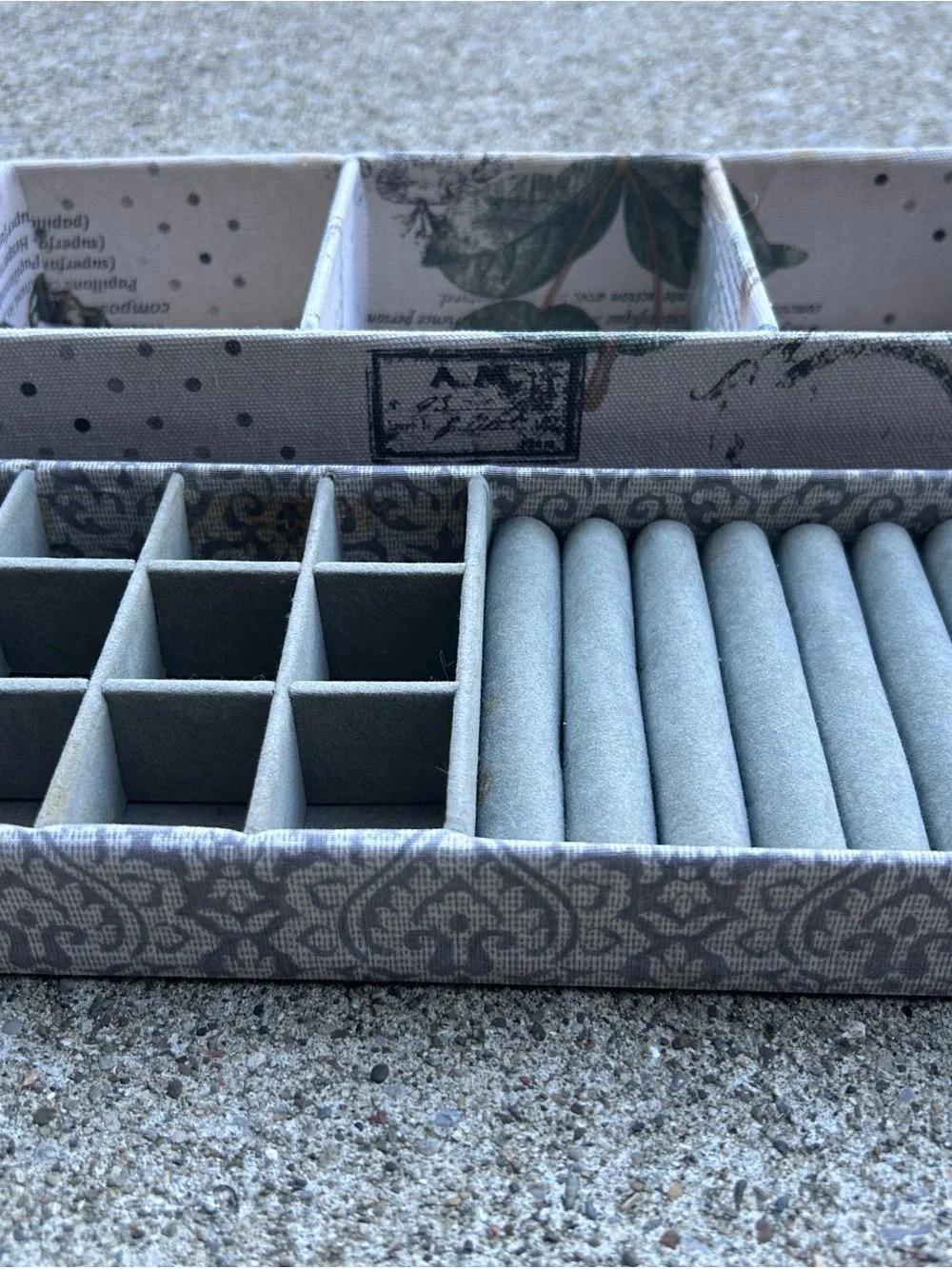 Gray Fabric Jewelry Organizer Boxes with Ring Rolls and Compartments